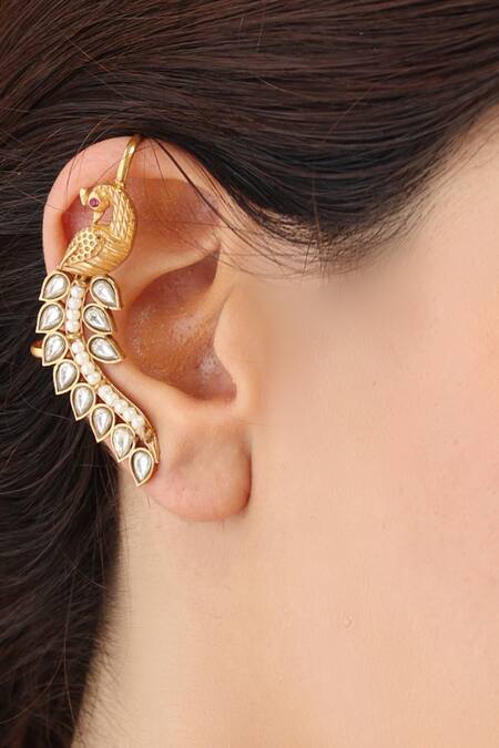 Shop Joules By Radhika Gold Plated Stones Polki Kundan Peacock Motif Ear Cuffs at Aza Fashions Shop_Joules By Radhika_Gold Plated Stones Polki Kundan Peacock Motif Ear Cuffs_at_Aza_Fashions