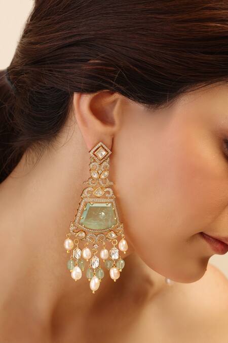 Shop Joules By Radhika Green Stones, Beads Embellished Earrings at Aza Fashions Shop_Joules By Radhika_Green Stones, Beads Embellished Earrings_at_Aza_Fashions