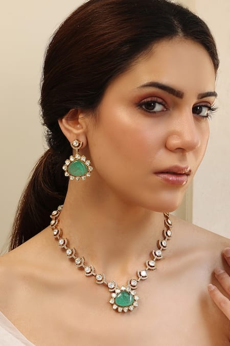 Joules by Radhika Stone Embellished Green Necklace Set 