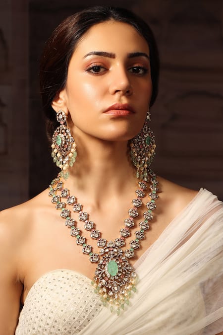 Joules by Radhika Gold Plated Double Layered Stone Necklace Set 