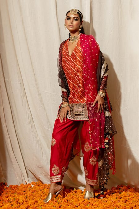 Shop_Pooja-Keyur_Orange Silk Embroidery Plunge Neck Bandhej Woven Kurta And Salwar _Online_at_Aza_Fashions