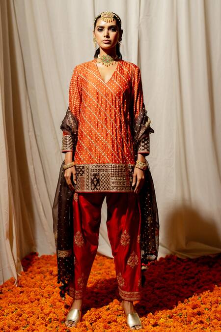 Buy_Pooja-Keyur_Brown Organza Polka Dot Woven Dupatta _Online_at_Aza_Fashions
