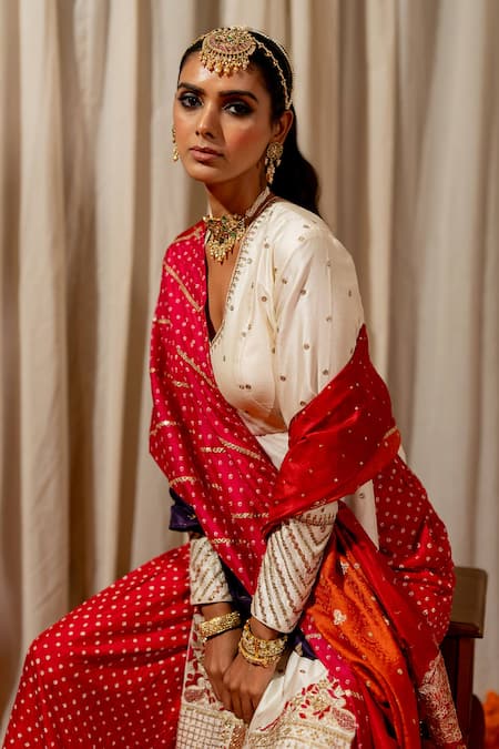 Pooja-Keyur_Off White Silk Embroidery, Sequins V-neck Aari Kurta With Sharara _Online_at_Aza_Fashions