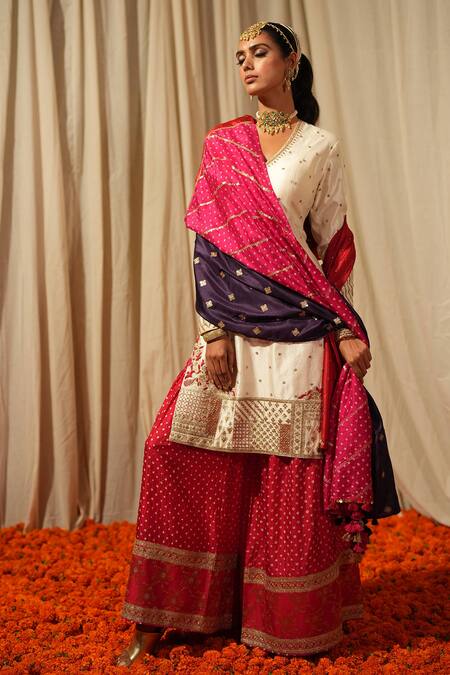 Buy_Pooja-Keyur_Red Organza Embroidery And Bandhani Aari Dupatta _Online_at_Aza_Fashions