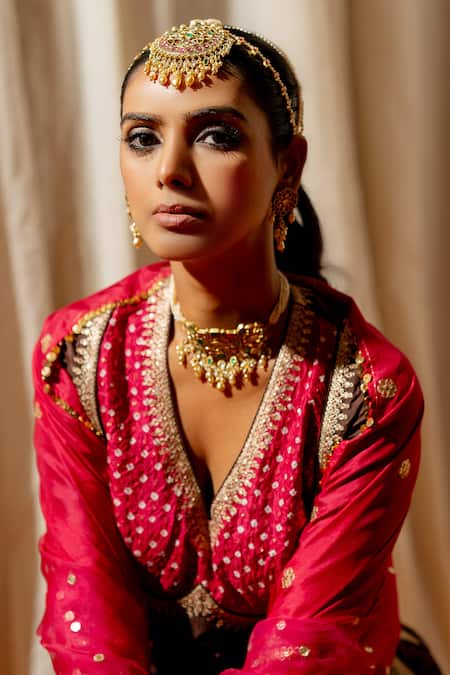 Pooja-Keyur_Brown Silk Embroidery V-neck Bandhej Woven Kurta With Pant _Online_at_Aza_Fashions