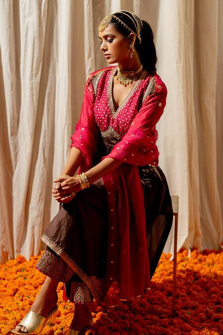 Shop_Pooja-Keyur_Brown Silk Embroidery V-neck Bandhej Woven Kurta With Pant _Online_at_Aza_Fashions