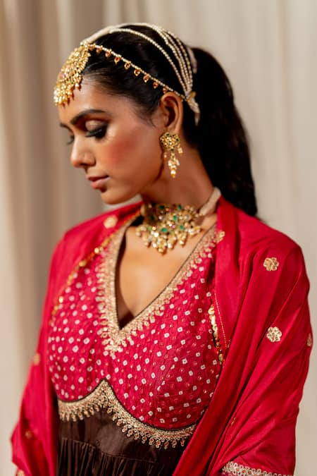 Pooja-Keyur_Red Silk, Organza Sequins And Aari Embroidered Dupatta _Online_at_Aza_Fashions