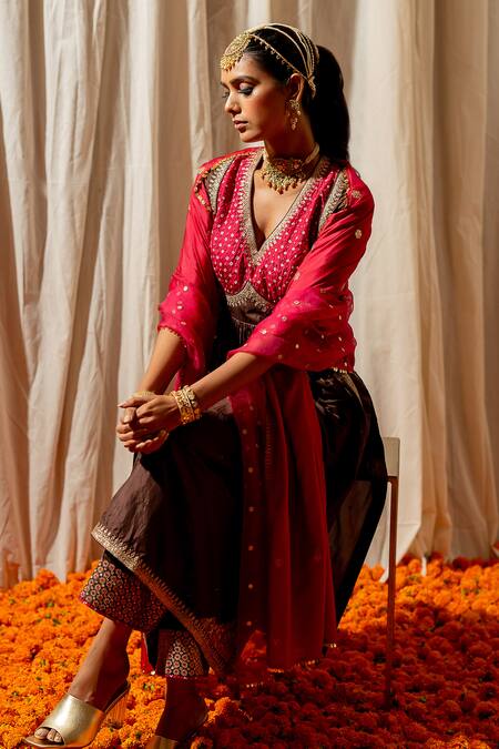 Shop_Pooja-Keyur_Red Silk, Organza Sequins And Aari Embroidered Dupatta _Online_at_Aza_Fashions