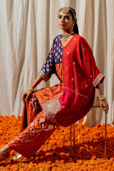 Buy_Pooja-Keyur_Multi Color Silk Sequins V-neck Multicolor Embroidered Kaftan And Pant Set _Online_at_Aza_Fashions