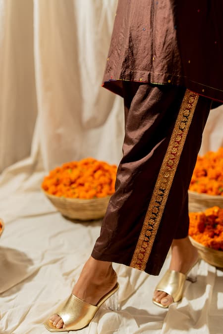 Pooja-Keyur_Brown Silk Embroidery V-neck Patchwork Kaftan Set _Online_at_Aza_Fashions