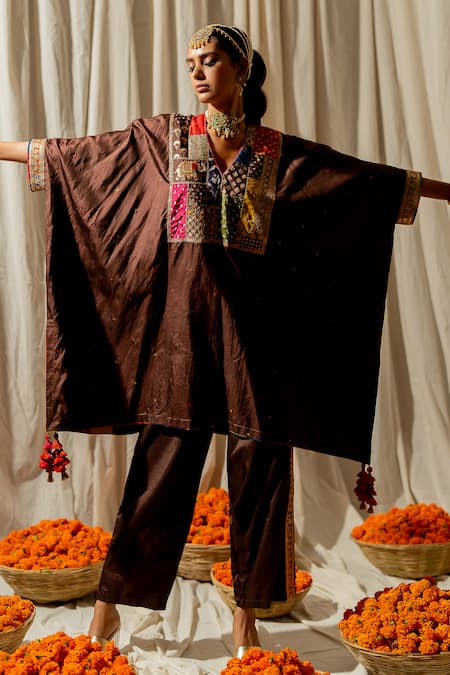 Pooja-Keyur Brown Patchwork Embroidered Kaftan Set 