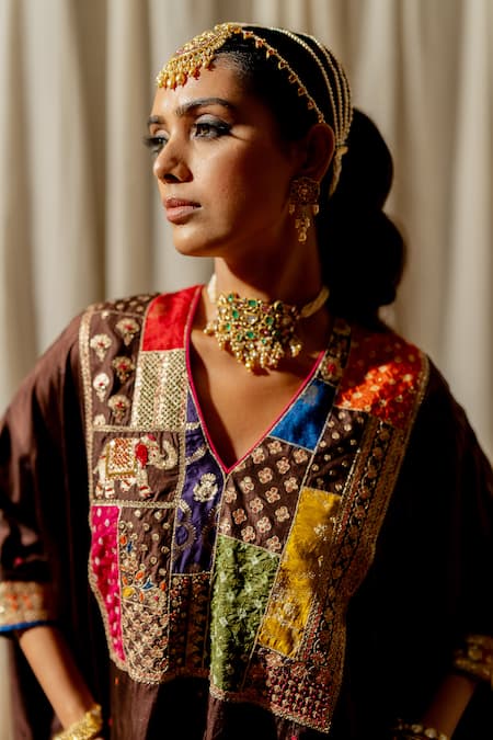 Buy_Pooja-Keyur_Brown Silk Embroidery V-neck Patchwork Kaftan Set _Online_at_Aza_Fashions