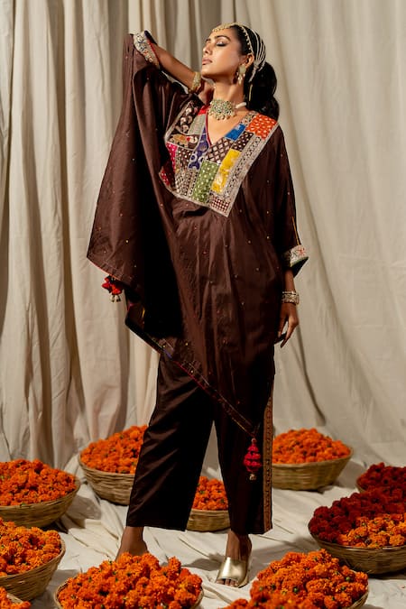 Shop_Pooja-Keyur_Brown Silk Embroidery V-neck Patchwork Kaftan Set _Online_at_Aza_Fashions