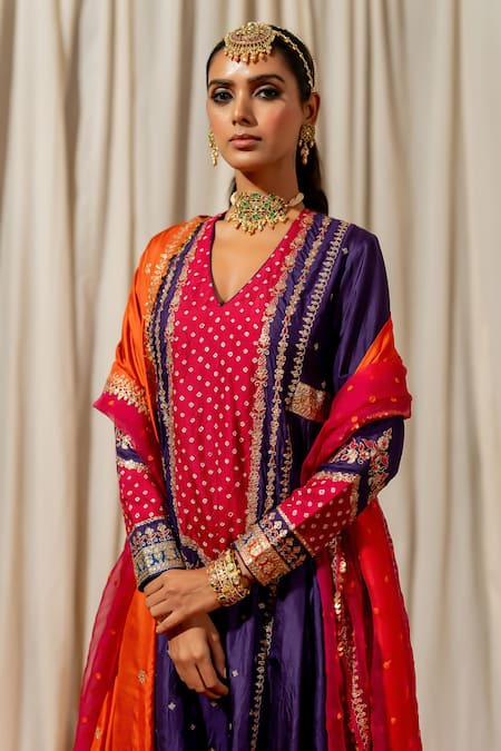 Pooja-Keyur_Purple Silk Embroidery V-neck Bandhej Anarkali With Pant _Online_at_Aza_Fashions