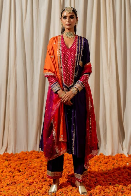 Buy_Pooja-Keyur_Purple Silk Embroidery V-neck Bandhej Anarkali With Pant _Online_at_Aza_Fashions