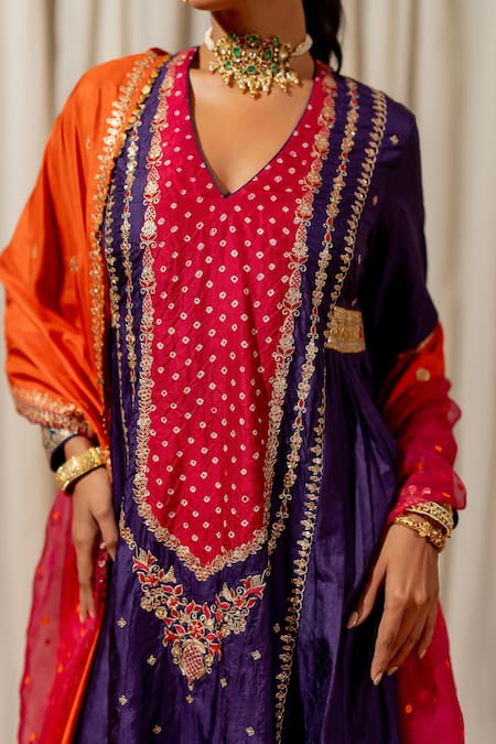 Shop_Pooja-Keyur_Purple Silk Embroidery V-neck Bandhej Anarkali With Pant _Online_at_Aza_Fashions