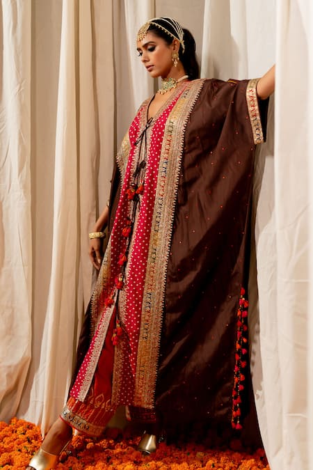 Pooja-Keyur Brown Silk Sequins, Embroidery V-neck Bandhej Woven Kaftan Online at Aza Fashions Pooja-Keyur_Brown Silk Sequins, Embroidery V-neck Bandhej Woven Kaftan _Online_at_Aza_Fashions