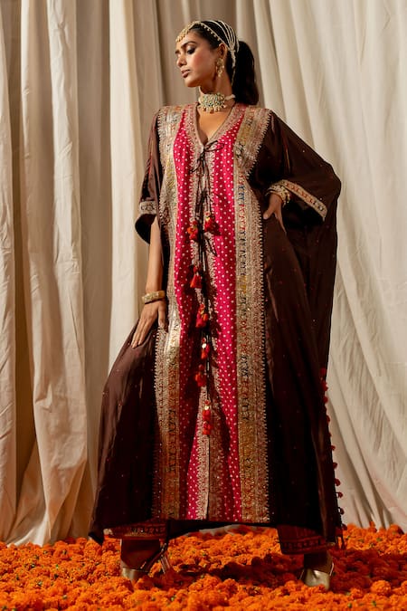 Buy Pooja-Keyur Brown Silk Sequins, Embroidery V-neck Bandhej Woven Kaftan Online at Aza Fashions Buy_Pooja-Keyur_Brown Silk Sequins, Embroidery V-neck Bandhej Woven Kaftan _Online_at_Aza_Fashions