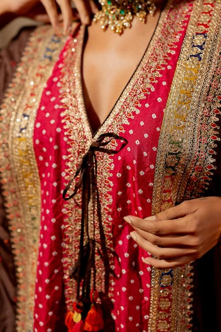 Pooja-Keyur Brown Silk Sequins, Embroidery V-neck Bandhej Woven Kaftan at Aza Fashions Pooja-Keyur_Brown Silk Sequins, Embroidery V-neck Bandhej Woven Kaftan _at_Aza_Fashions