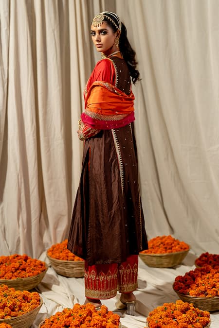 Pooja-Keyur Red Aari Embroidered Kurta & Pant Set 