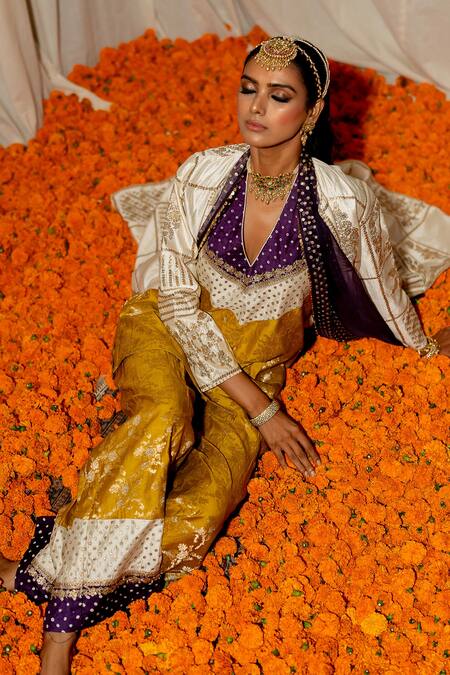 Shop_Pooja-Keyur_Purple Organza Embroidery Aari Dupatta _at_Aza_Fashions