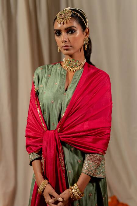 Shop_Pooja-Keyur_Green Silk Sequins, Embroidery Collared Aari Sage Kurta Set _Online_at_Aza_Fashions