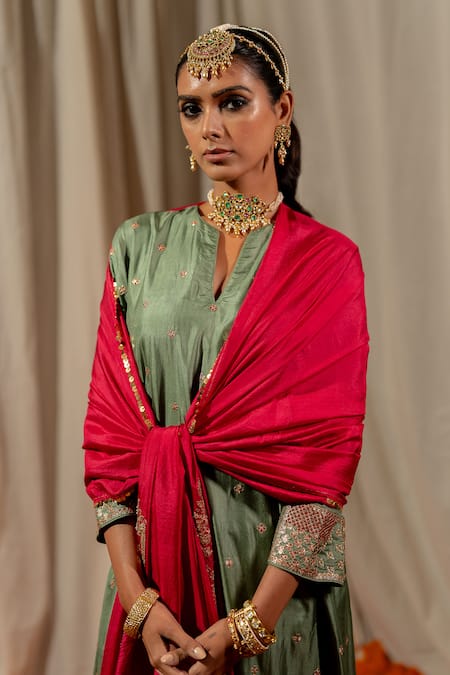 Shop_Pooja-Keyur_Pink Silk Sequins, Zari, Embroidery Dupatta _Online_at_Aza_Fashions