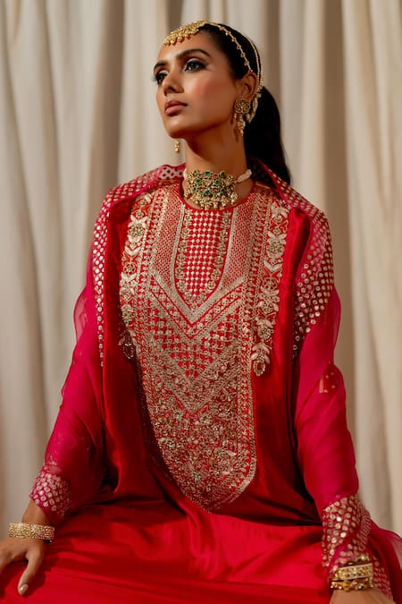 Pooja-Keyur_Red Silk Embroidery, Sequins Round Neck And Kaftan Set _at_Aza_Fashions