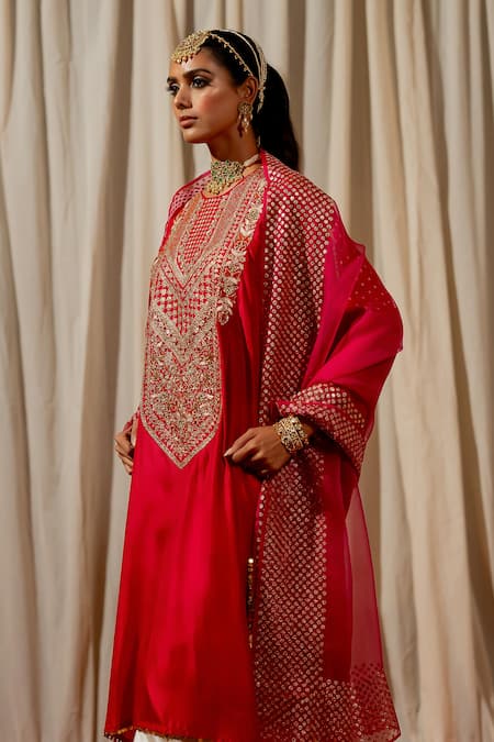 Shop_Pooja-Keyur_Red Silk Embroidery, Sequins Round Neck And Kaftan Set 