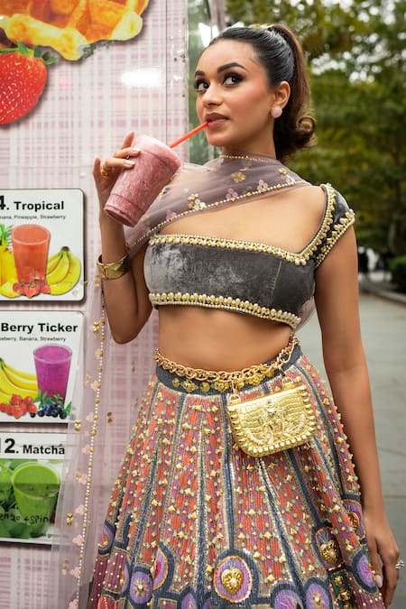 Papa Don't Preach_Gray Velvet, Chiffon Pearls, Unicorn Wonder Print Embroidered Lehenga Set _Online_at_Aza_Fashions