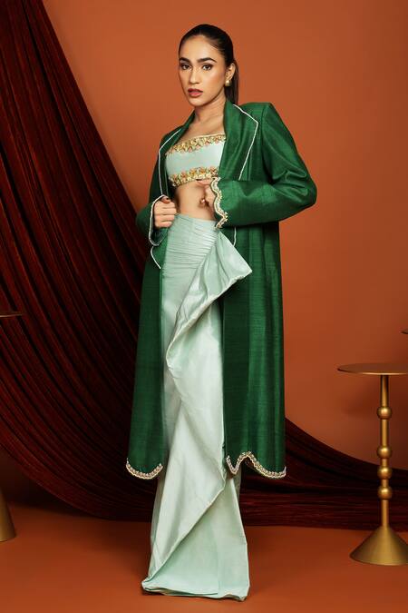 Papa Dont Preach_Green Silk Pearls, Crystals Collared Forest Embroidered Jacket_Online_at_Aza_Fashions