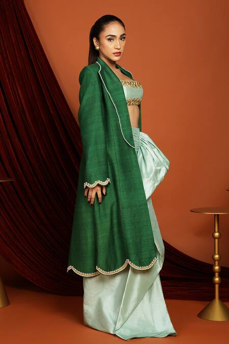 Buy_Papa Dont Preach_Green Silk Pearls, Crystals Collared Forest Embroidered Jacket_Online_at_Aza_Fashions