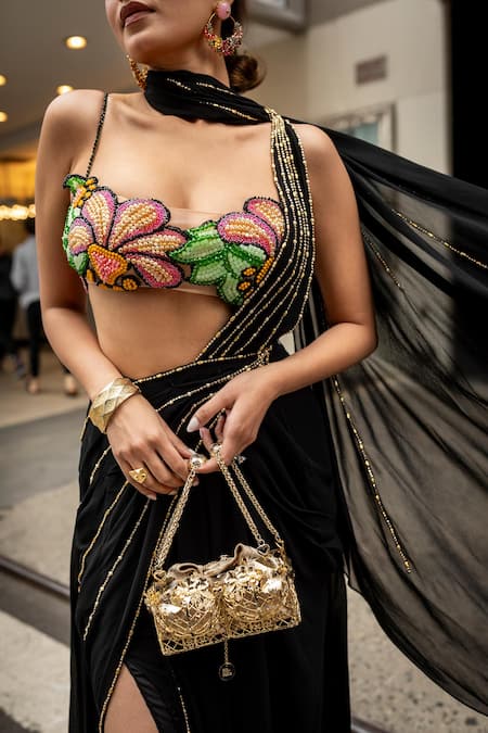 Papa Don't Preach Black Georgette Beads, Crystals, Slit Pre-draped Saree With Embroidered Bustier Online at Aza Fashions Papa Don't Preach_Black Georgette Beads, Crystals, Slit Pre-draped Saree With Embroidered Bustier _Online_at_Aza_Fashions