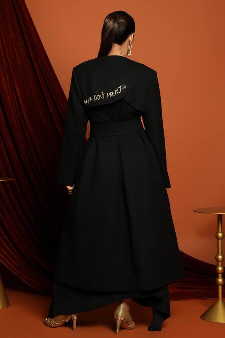 Shop Papa Dont Preach Black Wool Embroidery Collared Floral Patchwork Embellished Jacket With Belt at Aza Fashions Shop_Papa Dont Preach_Black Wool Embroidery Collared Floral Patchwork Embellished Jacket With Belt_at_Aza_Fashions