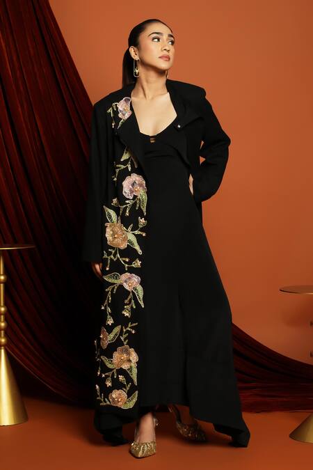 Papa Dont Preach Black Wool Embroidery Collared Floral Patchwork Embellished Jacket With Belt Online at Aza Fashions Papa Dont Preach_Black Wool Embroidery Collared Floral Patchwork Embellished Jacket With Belt_Online_at_Aza_Fashions