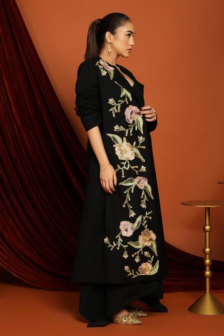 Buy Papa Dont Preach Black Wool Embroidery Collared Floral Patchwork Embellished Jacket With Belt Online at Aza Fashions Buy_Papa Dont Preach_Black Wool Embroidery Collared Floral Patchwork Embellished Jacket With Belt_Online_at_Aza_Fashions