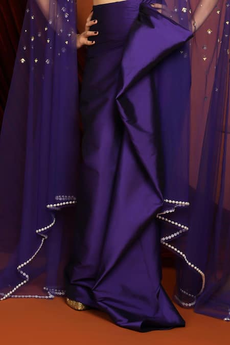 Papa Don't Preach Purple Tulle, Taffeta Pearls, Beads Embellished Cape And Draped Skirt Set Online at Aza Fashions Papa Don't Preach_Purple Tulle, Taffeta Pearls, Beads Embellished Cape And Draped Skirt Set _Online_at_Aza_Fashions
