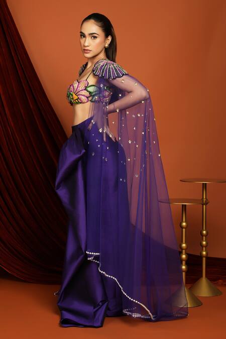 Buy Papa Don't Preach Purple Tulle, Taffeta Pearls, Beads Embellished Cape And Draped Skirt Set Online at Aza Fashions Buy_Papa Don't Preach_Purple Tulle, Taffeta Pearls, Beads Embellished Cape And Draped Skirt Set _Online_at_Aza_Fashions