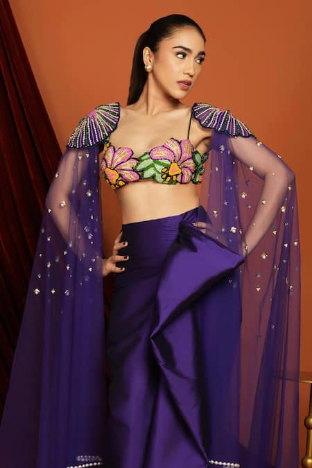 Shop Papa Don't Preach Purple Tulle, Taffeta Pearls, Beads Embellished Cape And Draped Skirt Set Online at Aza Fashions Shop_Papa Don't Preach_Purple Tulle, Taffeta Pearls, Beads Embellished Cape And Draped Skirt Set _Online_at_Aza_Fashions