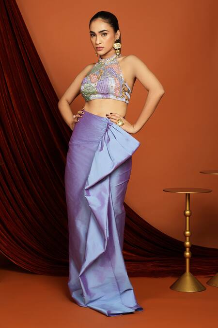 Shop Papa Dont Preach Purple Taffeta Crystals, Sequins Lilac Beaded Bloom Blouse And Draped Skirt Set Online at Aza Fashions Shop_Papa Dont Preach_Purple Taffeta Crystals, Sequins Lilac Beaded Bloom Blouse And Draped Skirt Set_Online_at_Aza_Fashions