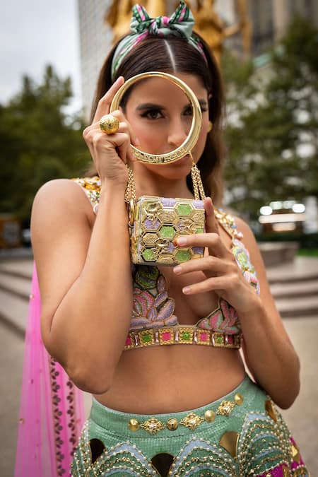 Papa Don't Preach_Multi Color Chiffon Sequins, Crystals, Stones, Chains Embroidered Lehenga Set _Online_at_Aza_Fashions
