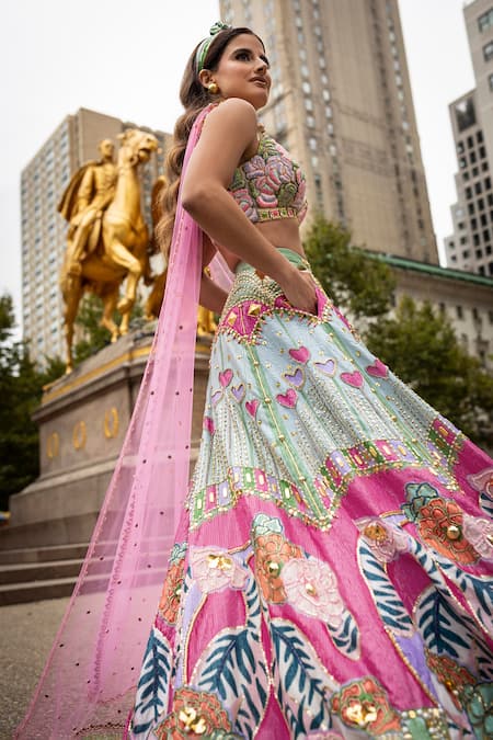 Shop_Papa Don't Preach_Multi Color Chiffon Sequins, Crystals, Stones, Chains Embroidered Lehenga Set _at_Aza_Fashions