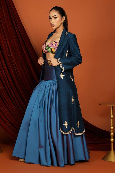 Shop_Papa Dont Preach_Blue Silk Pearls, Crystals Collared Embroidered Scallop Jacket_Online_at_Aza_Fashions