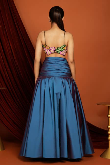 Shop_Papa Don't Preach_Multi Color Taffeta Beads Scoop Neck Floral Bralette And Skirt Set _at_Aza_Fashions