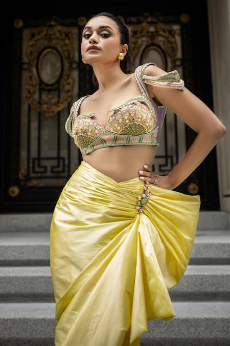 Papa Don't Preach Embellished Bralette & Draped Skirt Set 