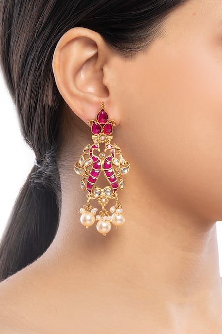 Ajooni Jewels_Gold Plated Pearls, Stones Paisley Shaped Earrings _Online_at_Aza_Fashions