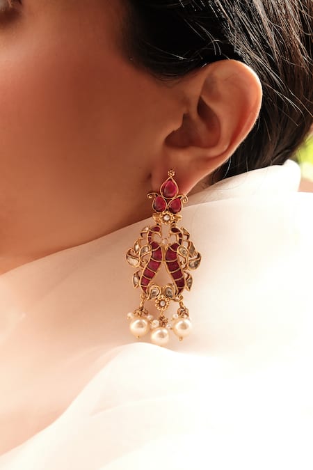 Buy_Ajooni Jewels_Gold Plated Pearls, Stones Paisley Shaped Earrings _Online_at_Aza_Fashions