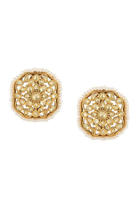 Ajooni Jewels Kundan Pearl Embellished Stud Earrings 