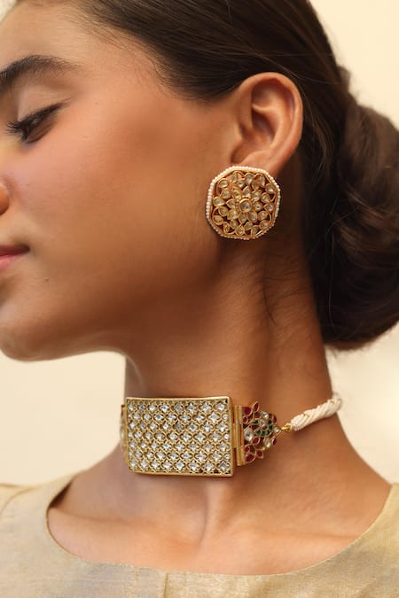 Ajooni Jewels_Gold Plated Pearls, Zari Kundan Embellished Stud Earrings _Online_at_Aza_Fashions