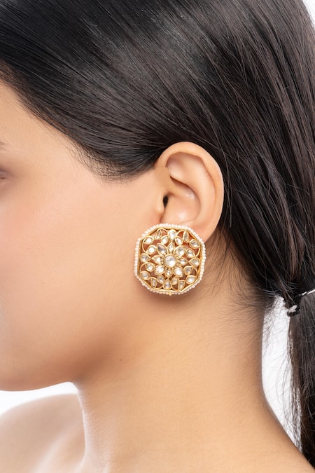 Buy_Ajooni Jewels_Gold Plated Pearls, Zari Kundan Embellished Stud Earrings _Online_at_Aza_Fashions